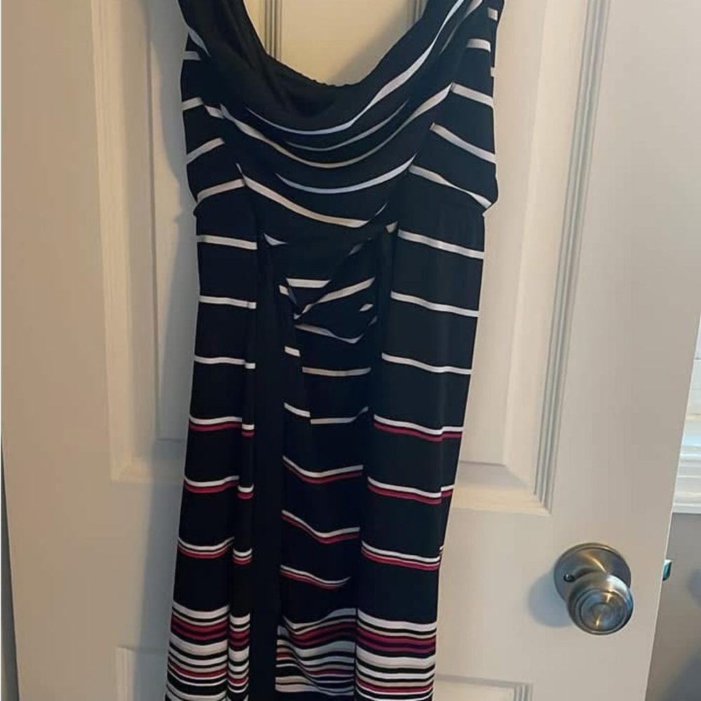 White House Black Market Strapless Black and White Dress with Pink Accents